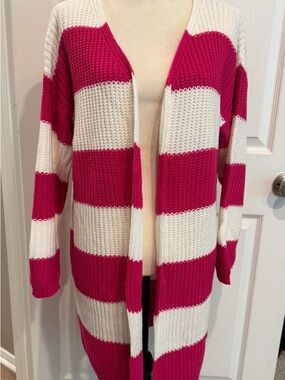 Open-Front Fuschia and White Striped Long Sweater Cardigan